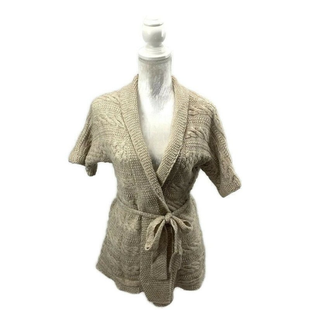 Tan Cable Knit Wool Blend Wrap Sweater w/ Sash Outback Red Shawl Collar Small